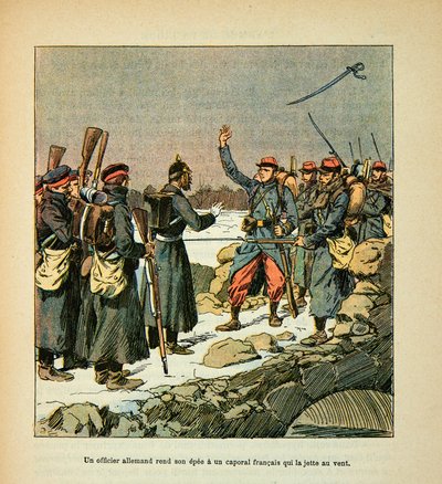 Die Armee der Loire von Eugene Sergent, genannt Grenest, illustriert von Louis Bombled (Französisch-Deutscher Krieg; Feldzug von 1870-1871): Ein deutscher Offizier übergibt sein Schwert einem französischen Korporal, der es in den Wind wirft von Louis Charles Bombled
