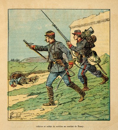 Die Armee der Loire von Eugene Sergent, genannt Grenest, illustriert von Louis Bombled (1862-1927) (Deutsch-Französischer Krieg; Feldzug von 1870-1871): Offizier und Mobiler des Cher in der Schlacht von Toury (Eure-et-Loire) am 5. Oktober 1870, Privatbesit von Louis Charles Bombled