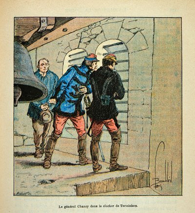 Die Armee der Loire von Eugene Sergent, illustriert von Louis Bombled (Deutsch-Französischer Krieg; Feldzug von 1870-1871): General Chanzy im Glockenturm von Terminiers während der Schlacht von Loigny im Dezember 1870 von Louis Charles Bombled