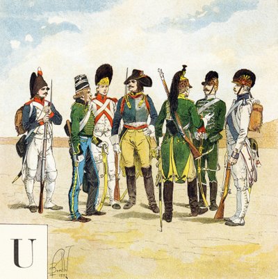 Buchstabe U: Uniformen der französischen Armee, „Ich werde Soldat sein“ - Militäralphabet von Louis Charles Bombled