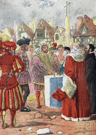 Posieren des Königs von Frankreich Franz I. des ersten Steins des Hôtel de Ville de Paris, gezeichnet vom italienischen Architekten Boccador von Louis Charles Bombled