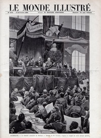 Rede von August Bebel (1840-1913) während des Sozialistenkongresses in Breslau in Deutschland im Jahr 1895 - Gravur in „Die illustrierte Welt“ von 1895 - Zeichnung von Bombled. von Louis Charles Bombled