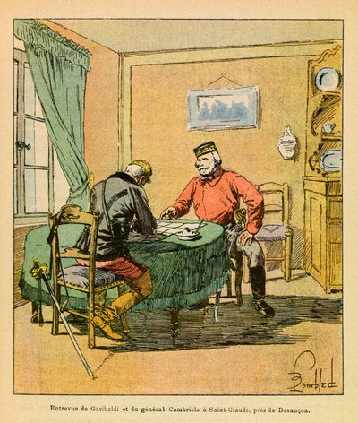 Die Armee des Ostens von Eugene Sergeant, illustriert von Louis Bombled: Interview von Garibaldi und General Cambriels in Saint Claude bei Besancon im Oktober 1870, Private Sammlung von Louis Charles Bombled