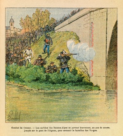 Die Ost-Armee von Eugene Sergeant, illustriert von Louis Bombled: Die Mobilen der Hautes Alpes helfen dem Bataillon der Vogesen von Louis Charles Bombled