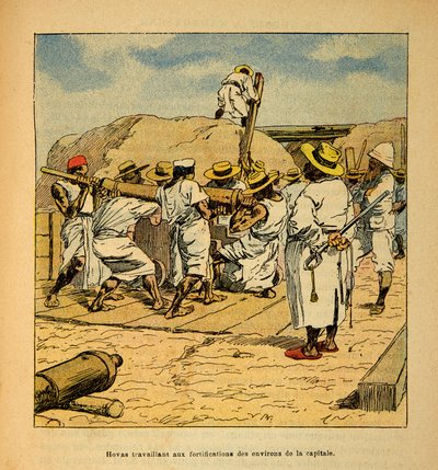 Der Krieg in Madagaskar - Anekdotische Geschichte der französischen Expeditionen von 1885-1895 von Henri Galli, genannt Galllichet (1854-1922), illustriert von Louis Bombled (1862-1927): Hovas arbeiten an den Befestigungen der Hauptstadt im Jahr 1895, Priv von Louis Charles Bombled