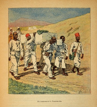 Der Krieg in Madagaskar - Anekdotische Geschichte der französischen Expeditionen von 1885-1895 von Henri Galli dit Galllichet (1854-1922), illustriert von Louis Bombled (1862-1927): Beerdigung eines Soldaten in Tsarasaotra im Jahr 1895, Private Sammlung von Louis Charles Bombled