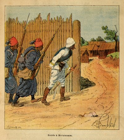 Der Krieg in Madagaskar - Anekdotische Geschichte der französischen Expeditionen von 1885-1895 von Henri Galli dit Galllichet (1854-1922), illustriert von Louis Bombled (1862-1927): Französische Truppen betraten das Dorf Mevatanana im Jahr 1895, Private Sa von Louis Charles Bombled