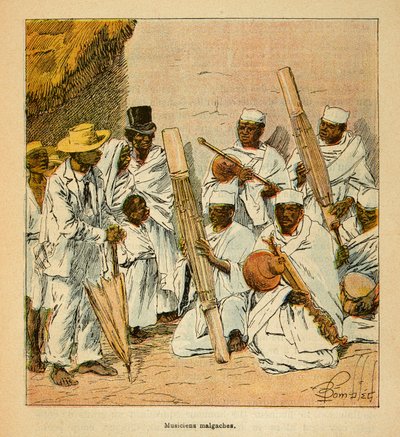 Der Krieg in Madagaskar - Anekdotische Geschichte der französischen Expeditionen von 1885-1895 von Henri Galli dit Galllichet, illustriert von Louis Bombled: Madagassische Musiker im 19. Jahrhundert von Louis Charles Bombled