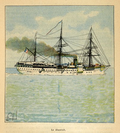 Der Krieg in Madagaskar - Anekdotische Geschichte der französischen Expeditionen von 1885-1895 von Henri Galli dit Galllichet, illustriert von Louis Bombled: Das Hospitalschiff „Shamrock“ auf dem Weg nach Madagaskar von Louis Charles Bombled