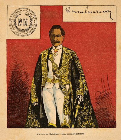 Der Krieg in Madagaskar - Anekdotische Geschichte der französischen Expeditionen von 1885-1895 von Henri Galli dit Galllichet, illustriert von Louis Bombled: Porträt von Premierminister Rainilaiarivony von Louis Charles Bombled