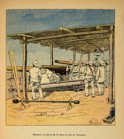 Der Krieg in Madagaskar: Trommeln von 14 Stücken im Fort von Tamatave 1895 von Louis Charles Bombled