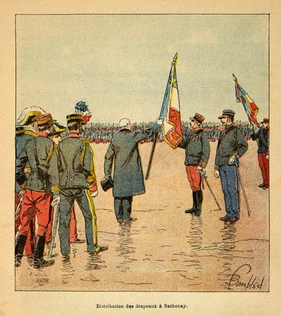 Der Krieg in Madagaskar - Anekdotische Geschichte der französischen Expeditionen von 1885-1895: Verteilung von Fahnen in Sathonay an die Truppen, die 1895 nach Madagaskar abreisen, in Anwesenheit von General Voyron von Louis Charles Bombled