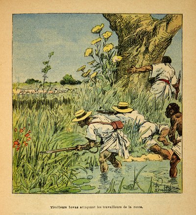 Der Krieg in Madagaskar - Anekdotische Geschichte der französischen Expeditionen von 1885-1895 von Henri Galli dit Galllichet, illustriert von Louis Bombled: Hovas Tirailleurs greifen das Militär beim Straßenbau 1895 an von Louis Charles Bombled