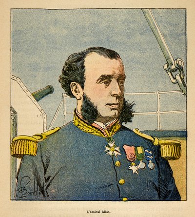 Der Krieg in Madagaskar - Anekdotische Geschichte der französischen Expeditionen von 1885-1895 von Henri Galli, illustriert von Louis Bombled: Porträt von Admiral Paul Emile Miot von Louis Charles Bombled