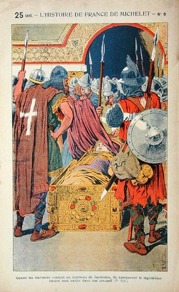 Die Entdeckung des mumifizierten Körpers des Kaisers Justinian (483-565) während der Eroberung von Konstantinopel durch die Kreuzritter im Jahr 1204, Illustration aus 