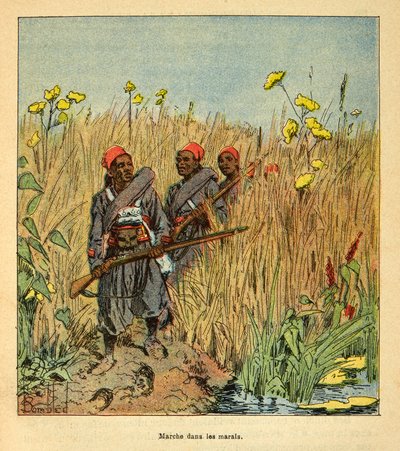 Der Krieg in Madagaskar - Anekdotische Geschichte der französischen Expeditionen von 1885-1895 von Henri Galli dit Galllichet (1854-1922), illustriert von Louis Bombled (1862-1927): Französische Truppen auf Expedition in den Sümpfen von Madagaskar im Jahr  von Louis Charles Bombled