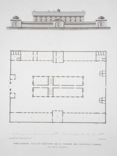 Plan und Aufriss des Sträflingsgebäudes in Port Jackson, nahe Sydney, aus 