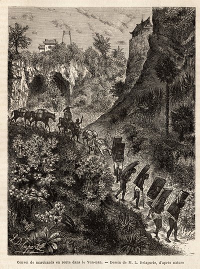 Ein Konvoi von Händlern und ihren Trägern auf dem Weg nach Yunnan (China), graviert nach der Zeichnung von L. Delaporte, zur Illustration der Entdeckungsreise in Indochina von Francis Garnier, Schiffslieutenant, 1866-1868, veröffentlicht in „Le tour du mon von Louis Delaporte
