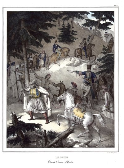 Der Pindos, Durchquerung von Janina nach Trikala. in "Reise nach Athen und Konstantinopel, oder Sammlung griechischer und osmanischer Porträts, Ansichten und Kostüme, vor Ort gemalt, lithographiert und koloriert von Louis Dupre (1789-1837), veröffentlicht  von Louis Dupré