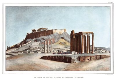 Der Tempel des Olympischen Jupiter und die Akropolis von Athen. in "Reise nach Athen und Konstantinopel, oder Sammlung griechischer und osmanischer Porträts, Ansichten und Kostüme, vor Ort gemalt, lithographiert und koloriert von Louis Dupre (1789-1837), v von Louis Dupré