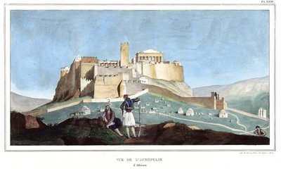 Ansicht der Akropolis von Athen. in „Reise nach Athen und Konstantinopel, oder Sammlung griechischer und osmanischer Porträts, Ansichten und Kostüme, nach der Natur gemalt, lithografiert und koloriert von Louis Dupre (1789-1837), Schüler von David.1825. von Louis Dupré