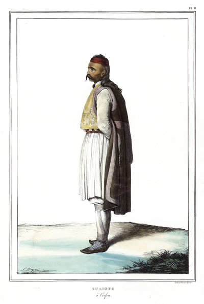 Suliote auf Korfu, in „Reise nach Athen und Konstantinopel, oder Sammlung griechischer und osmanischer Porträts, Ansichten und Kostüme, vor Ort nach der Natur gemalt, lithografiert und koloriert von Louis Dupre (1789-1837), Schüler von David.1825. von Louis Dupré