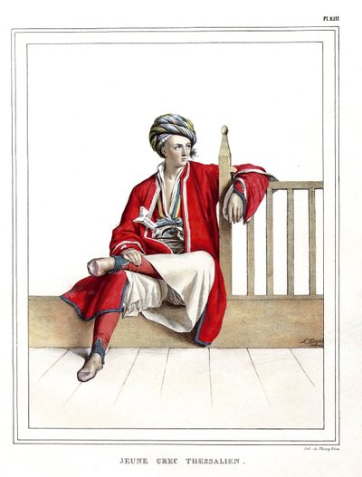 Junger griechischer Thessalier. in „Reise nach Athen und Konstantinopel, oder Sammlung griechischer und osmanischer Porträts, Ansichten und Kostüme, nach der Natur gemalt, lithografiert und koloriert von Louis Dupre (1789-1837), Schüler von David.1825. von Louis Dupré