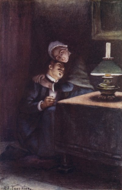 Mit seinem schweren, wolligen Kopf auf ihrem Knie erinnerte er sich an die glücklichen Abende seiner Kindheit von Louis Edouard Paul Fournier