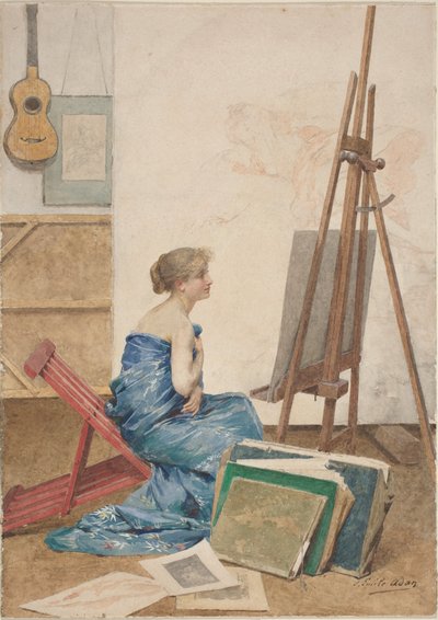 Ein Maleratelier mit einem in japanische Seide gehüllten Modell von Louis Emile Adan