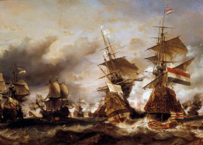 Krieg gegen die Liga von Augsburg: „Schlacht von Texel am 29.06.1694, Sieg von Jean Bart (1650-1702) über das niederländische Geschwader des Admirals von Friesland“. Die Franzosen erobern niederländische Schiffe mit Weizenladung. Gemälde von Louis Gabriel  von Louis Eugene Gabriel Isabey