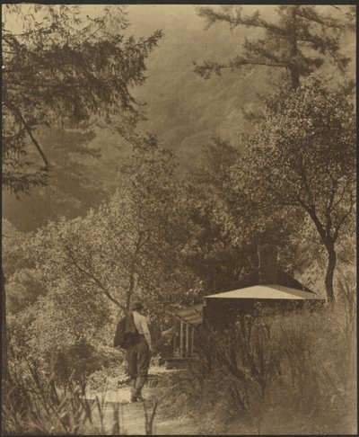 Mann geht zur Hütte im Wald von Louis Fleckenstein