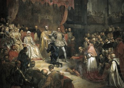Die Abdankung von Karl V. (1500-1558) zugunsten seines Sohnes Philipp II. (1527-1598) von Louis Galna