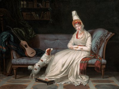 Porträt von Elizabeth, Lady Webster, später Lady Holland, in einem weißen Kleid mit ihrem Spaniel Pierrot, ca. 1795 von Louis Gauffier