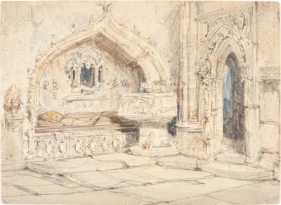 Innenraum einer Kirche mit Wandgrab und mittelalterlichem Taufbecken von Louis Haghe