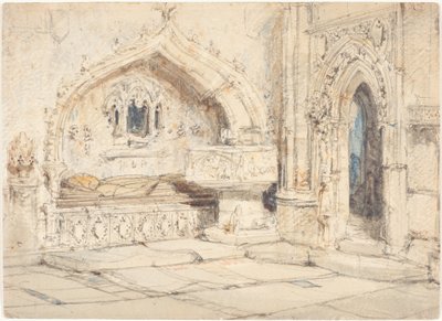 Innenraum einer Kirche mit Wandgrab und mittelalterlichem Taufbecken von Louis Haghe