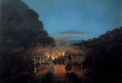 Die Bamboula, einst Tanz mit Bambus (oder Stöcken) in den Westindischen Inseln. Schwarze Sklaventanzszene im Licht von Fackeln. Gemälde von Honore Gamain von Louis Honore Gamain