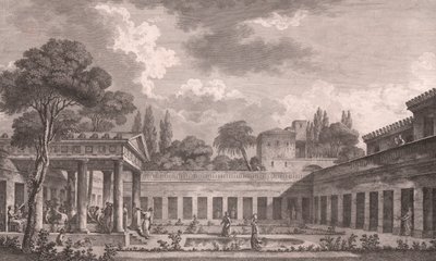Ideale Rekonstruktion der Villa des Diomedes in Pompeji in ihrem ursprünglichen Zustand vor dem Vulkanausbruch des Vesuvs im Jahr 79 n. Chr., Kampanien, Italien, Radierung nach einer Zeichnung von Louis Jean Desprez (1743-1804) von Louis Jean (after) Desprez