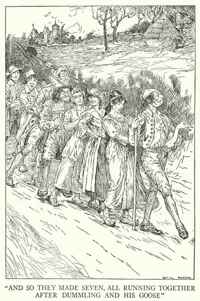 "Und so machten sie sieben, die alle zusammen hinter Dummling und seiner Gans herliefen" (Lithografie) von Louis John Rhead