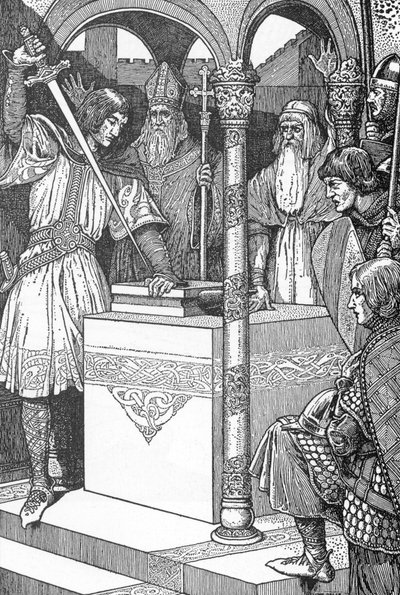 Arthur zog das Schwert Excalibur aus einem Amboss Illustration von Louis Rhead (1858-1926) aus „King Arthur and his knights“ 1923 Private Sammlung von Louis John Rhead