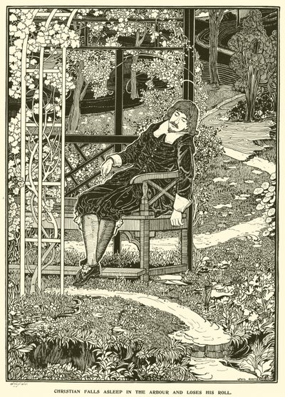 Christian schläft im Laubengang ein und verliert seine Rolle (Gravur) von Louis John Rhead