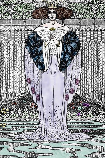 Darstellung der Dame vom See (Nimue, Viviane) Illustration von Louis Rhead (1858-1926) für „König Arthur und seine Ritter“ von Louis John Rhead