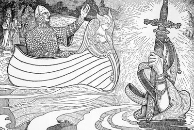 Darstellung der Dame vom See (Fee Viviane), Charakter der Artussagen, die König Artus das Schwert Excalibur überreicht von Louis John Rhead