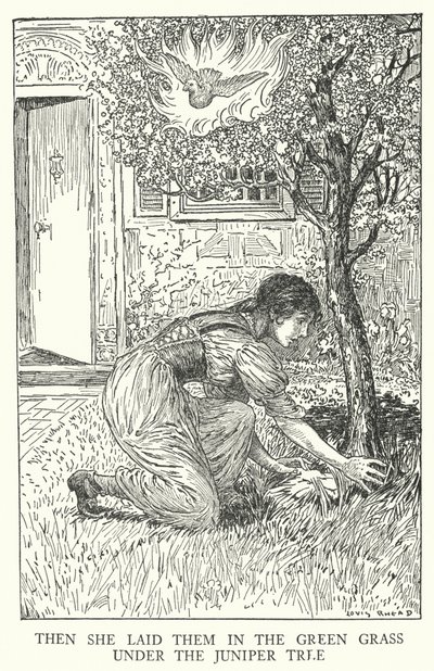 Dann legte sie sie ins grüne Gras unter den Wacholderbaum (Lithografie) von Louis John Rhead