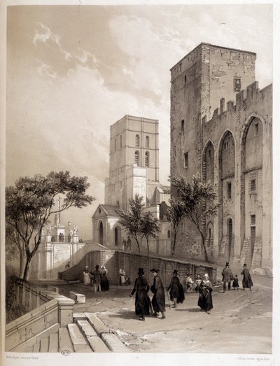Palast der Päpste in Avignon und die Spaziergänger von Avignon im 19. Jahrhundert von Louis Julien Jacottet