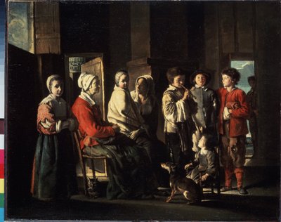 Der Besuch bei der Großmutter. Familie versammelt sich um eine alte Frau in einem bäuerlichen Interieur, einer der Jungen spielt Flöte. Allegorie der familiären Einheit durch die verschiedenen Generationen. Gemälde von Louis von Louis le Nain