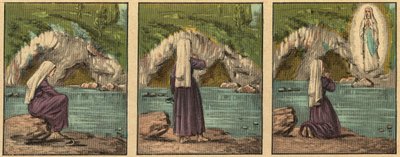 Die Erscheinung der Jungfrau Maria in Lourdes - Die Jungfrau erscheint Bernadette Soubirous (1844-1879) in Lourdes im Jahr 1858 - - Gravur aus Religiöse Lehre durch die Augen. Wunderbares Album von Louis Maitrejean und Georget Ramond - Frankreich 1910 von Louis Maitrejean