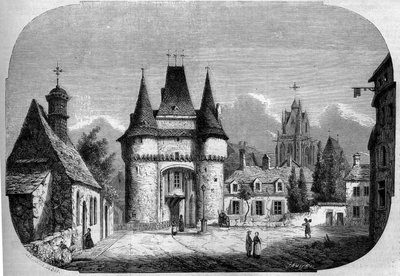 Architektur: Ansicht des Tores Saint Julien (1460-1483), im Hintergrund die gotische Kirche Notre Dame des Marais (1450-1623). La Ferte Bernard, Sarthe (72) von Louis Moullin