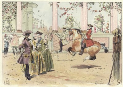 Eine Gruppe von Männern und Frauen beobachtet eine Reitvorführung von Louis Vallet