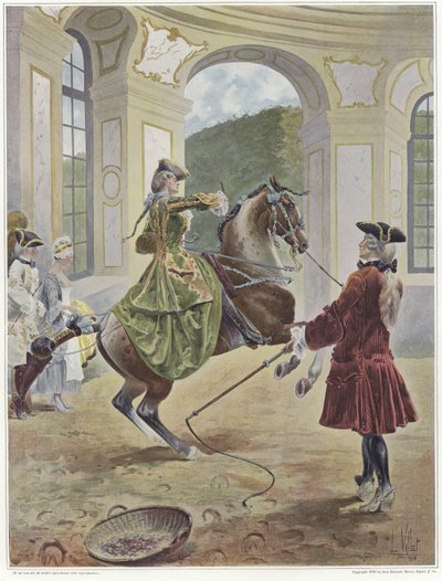 Eine Frau reitet auf einem Pferd, das vor einem Mann mit einer Peitsche aufbäumt von Louis Vallet
