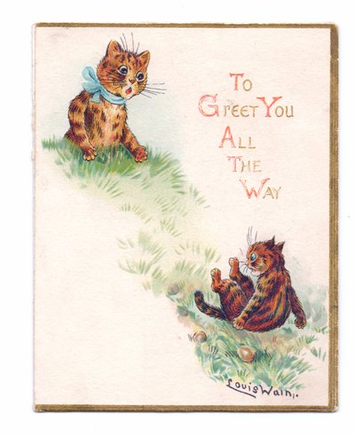 Viktorianische Grußkarte von zwei Katzen, eine stürzt und die andere sieht erschrocken aus, ca. 1880 von Louis Wain